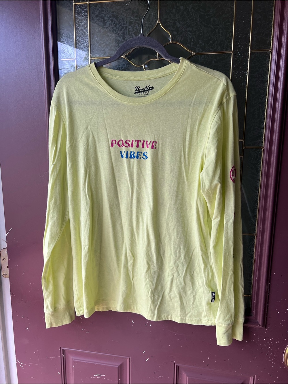 Brooklyn Cloth Neon Yellow Long Sleeve Tee with Pink & Blue 'Positive Vibes'